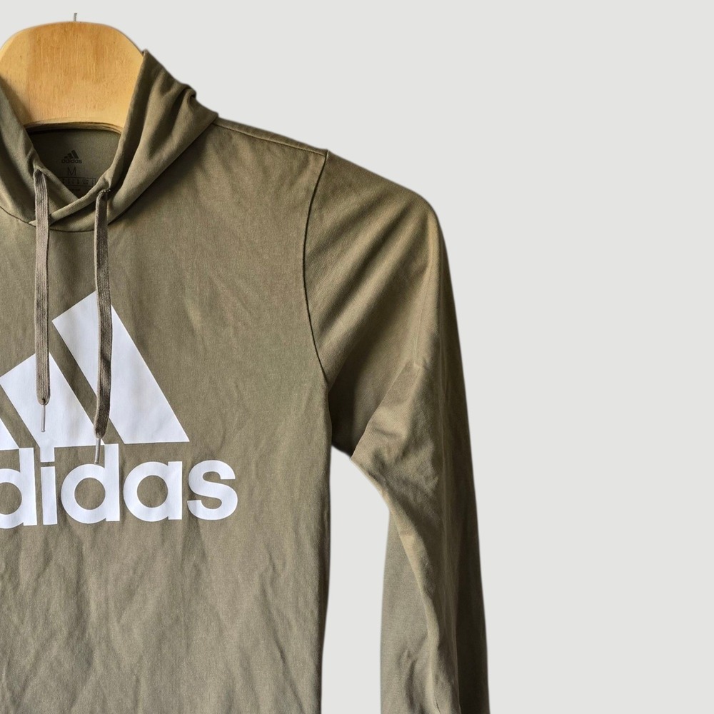 Adidas Mens Olive Green Long Sleeve Hooded Graphic T-Shirt Size M Logo Tee